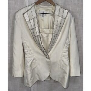VTG Nolan Miller Sz 8 Dynasty‎ Collection Cream Linen Sequin Jacket Shirt Set